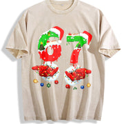 Mom Santa Christmas Family Matching Pajamas Mama Xmas Vintage Washed T-Shirt in Beige