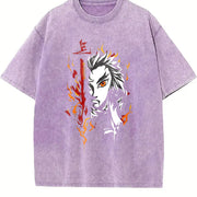 Demon Slayer Kyojuro Rengoku Anime Vintage Washed T-Shirt in Purple