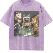 Animals Playing Poker Raccoon Opossum vintage washed oversized T-shirt in Purple