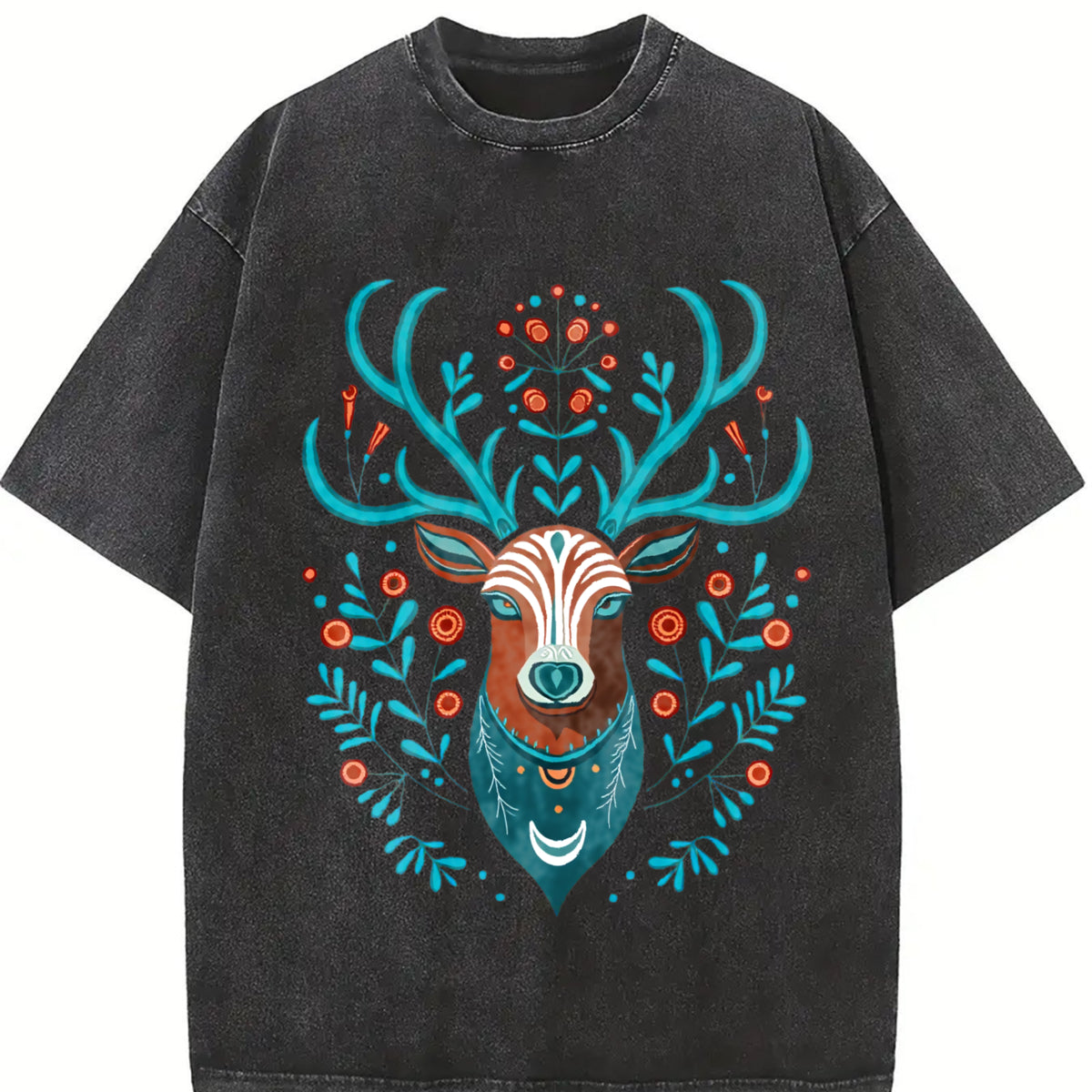 Animal with Faux Embroidered Deer Head Vintage Washed T-Shirt in Black