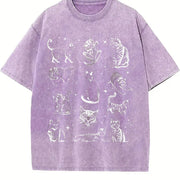 90s Tattoo Cat Retro Kitten Nature Vintage Washed T-Shirt in Purple