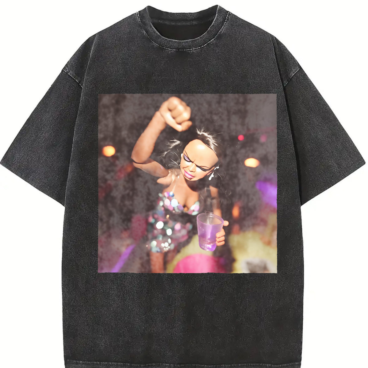 Party Glam Doll Dancing Vintage Washed T-Shirt in Black