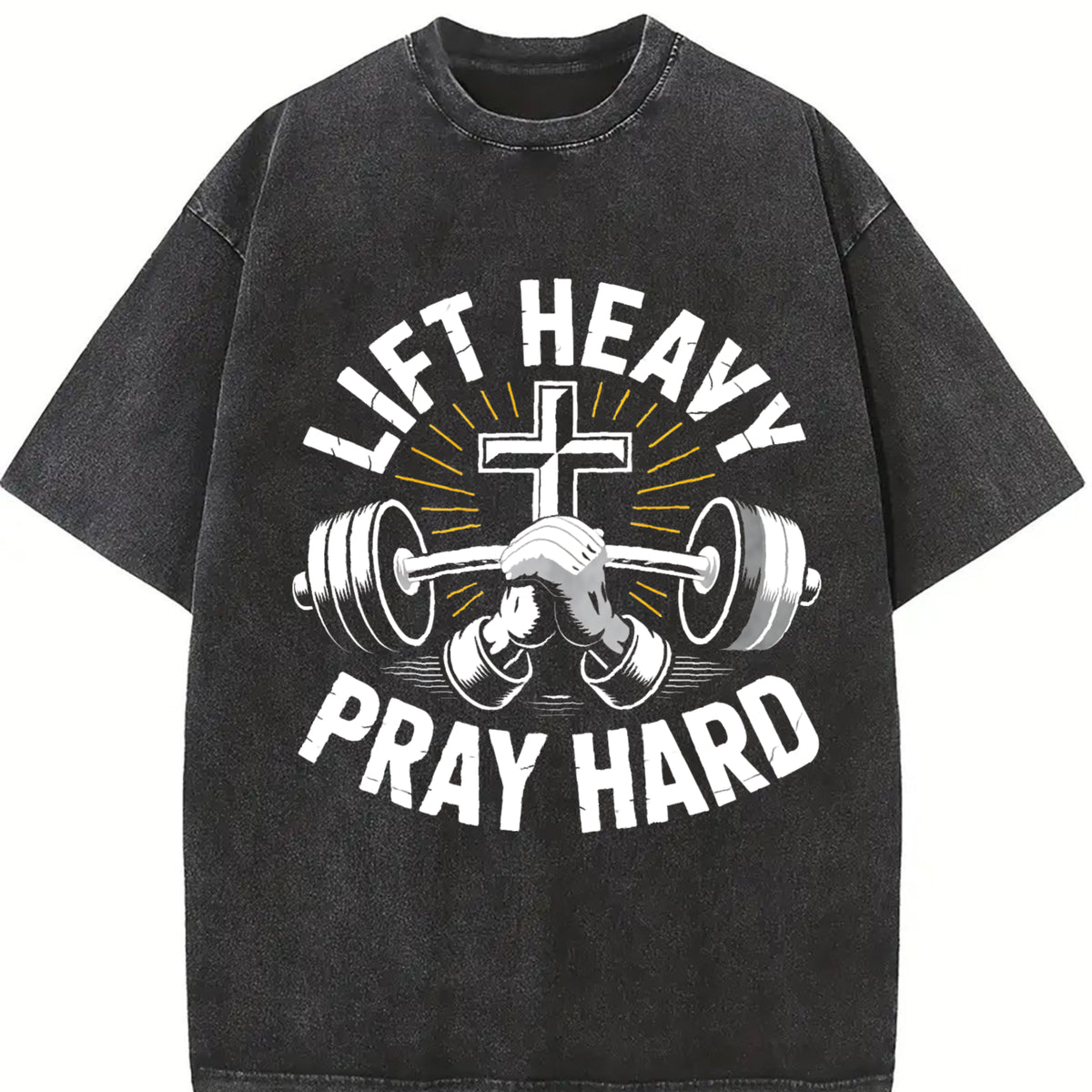 Lift Heavy Pray Hard Vintage Washed T-Shirt in Black
