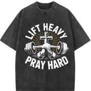 Lift Heavy Pray Hard Vintage Washed T-Shirt in Black