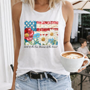 Floral Patriotic USA Women's Color Cotton Tank Top in White