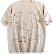 Fish Tattoo Retro Fisher Vintage Washed T-Shirt in Beige