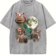 Three Hippo Retro Silly Hippo Moon Vintage Washed T-Shirt in Gray