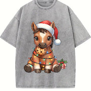 New Year Winter Year of the Horse Cartoon Pony Vintage Washed T-Shirt in Gray