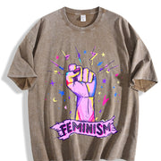 Luokeren Feminist Retro with Empowerment Fist & Stars Vintage Washed T-Shirt in Brown