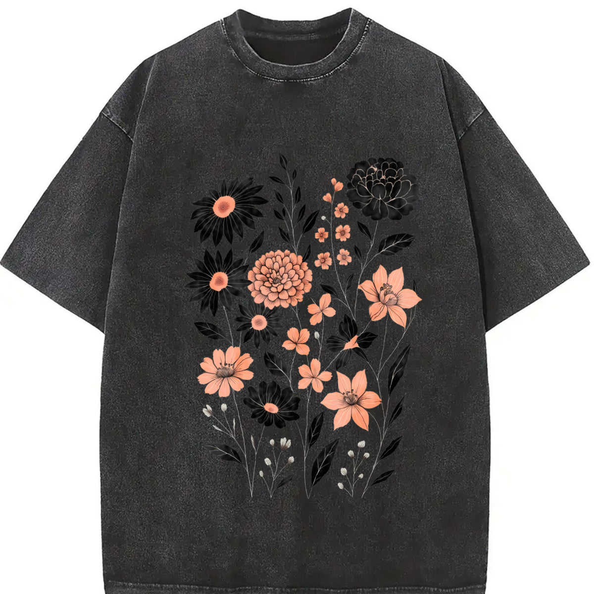 Pressed Flowers Botanical Floral Vintage Washed T-Shirt in Black