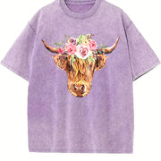 Highland Cow with Flowers Vintage Washed T-Shirt in Purple