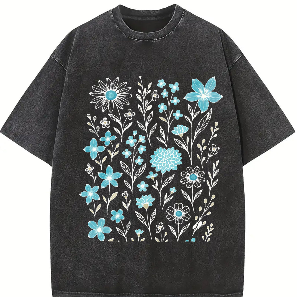 Wildflowers ® Retro Block Peonies Vintage Washed T-Shirt in Black