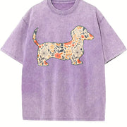Floral Dachshund Wiener Dog Vintage Washed T-Shirt in Purple