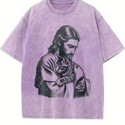 Retro Religious Jesus Hugs Cat Christ Vintage Washed T-Shirt in Purple