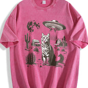 Ufo Western Cat Retro Cat Vintage Washed T-Shirt in Red