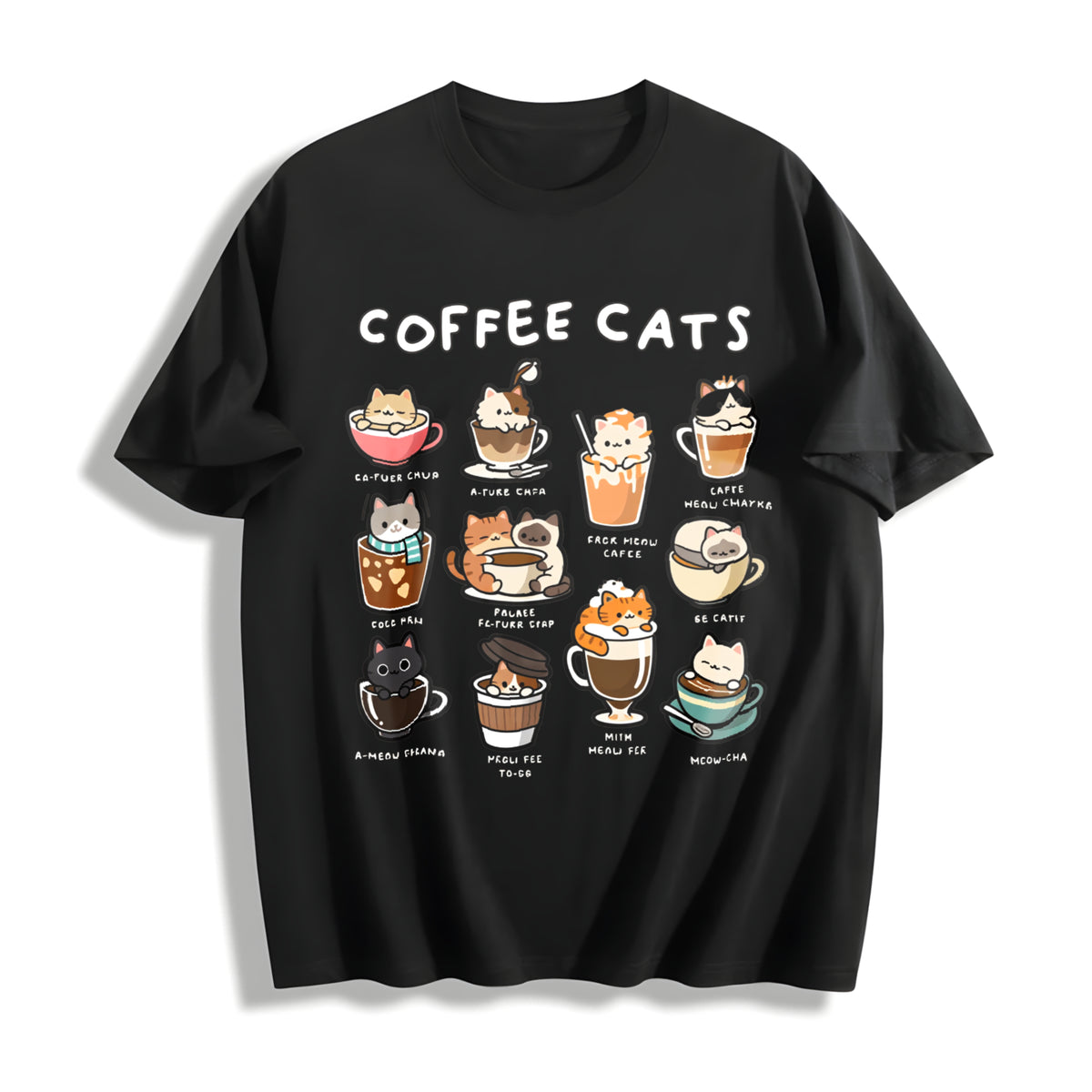 Coffee Cats Cat Drink Cotton T-Shirt in Black