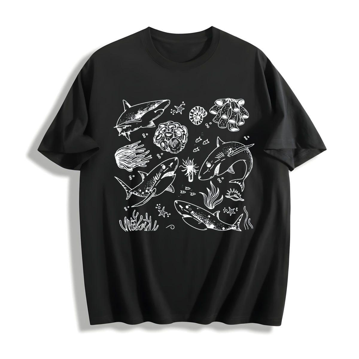 Shark Boho Marine Biologist Cotton T-Shirt in Black