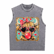 Highland Cow Valentine Coquette Valentine Heart Leopard Vintage Washed Tank Top in Gray