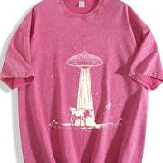 Retro Cow and Western UFO 90s Vintage Washed T-Shirt in Red