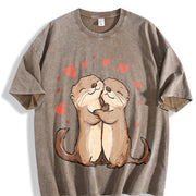 Otter Love Cute Hugging Otters Vintage Washed T-Shirt in Brown