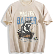 Retro Master Baiter Raccoon Fishing Vintage Washed T-Shirt in Beige