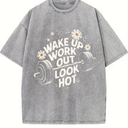 Wake Up Work Out Look Hot Vintage Washed T-Shirt in Gray