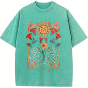 Boho Floral Art Nouveau Vintage Washed T-Shirt in Blue