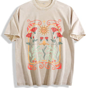 Boho Wildflowers Boho Floral Art Nouveau Vintage Washed T-Shirt in Beige