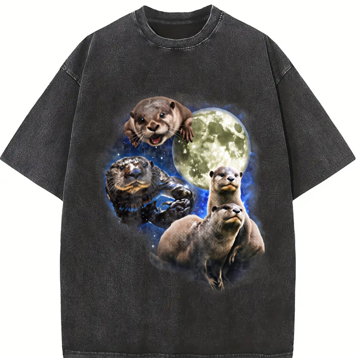 Otters in Galaxy Retro Otter Moon Vintage Washed T-Shirt in Black