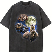 Otters in Galaxy Retro Otter Moon Vintage Washed T-Shirt in Black
