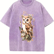 Green Leaf Owl Fashionable Elegant Vintage Washed T-Shirt in Purple
