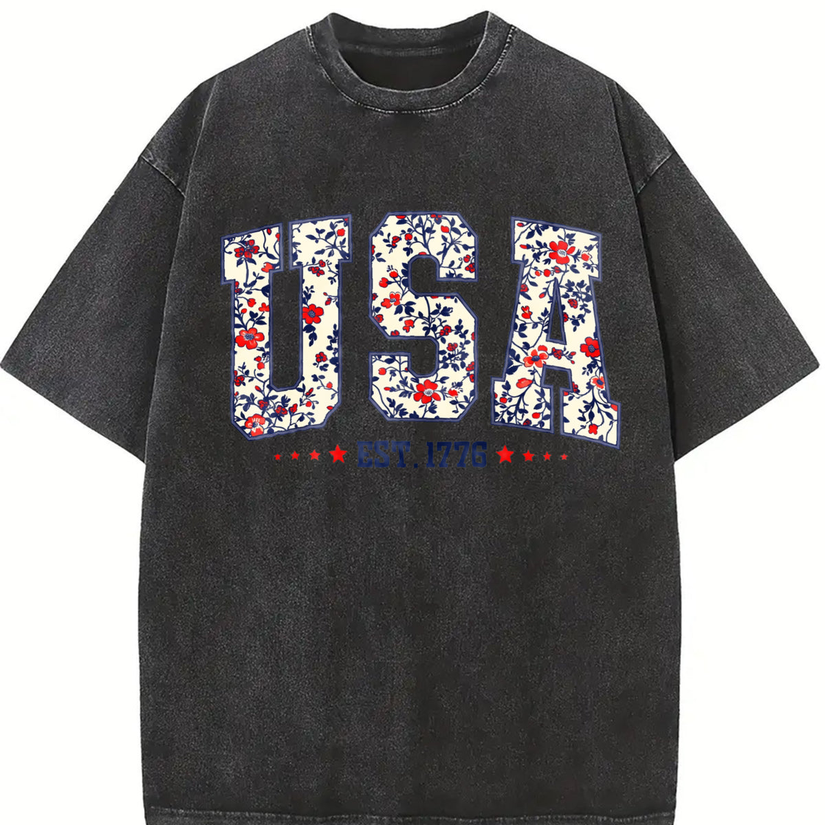 Floral USA Retro America Vintage Washed T-Shirt in Black