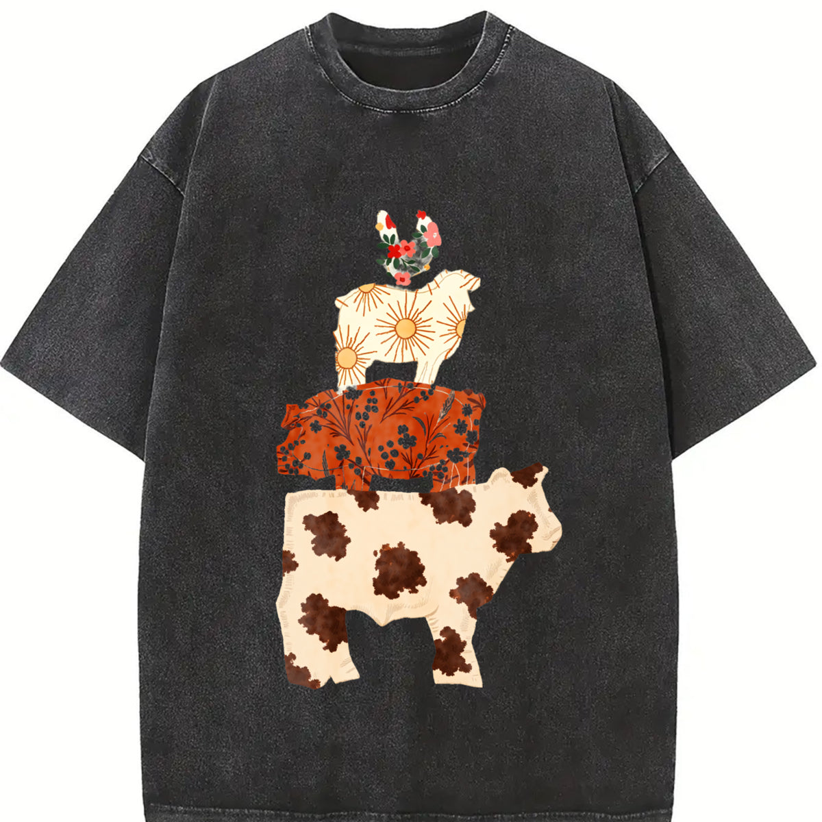 Western Cow Faux Patchwork Hen Pig Lamp Retro Country Vintage Washed T-Shirt in Black