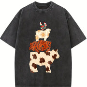 Western Cow Faux Patchwork Hen Pig Lamp Retro Country Vintage Washed T-Shirt in Black