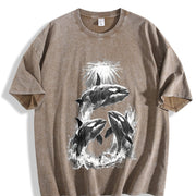 Killer Whales Retro Marine Life Orca Vintage Washed T-Shirt in Brown