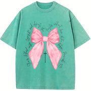 Coquette Christian Pink Bow Faith Vintage Washed T-Shirt in Blue