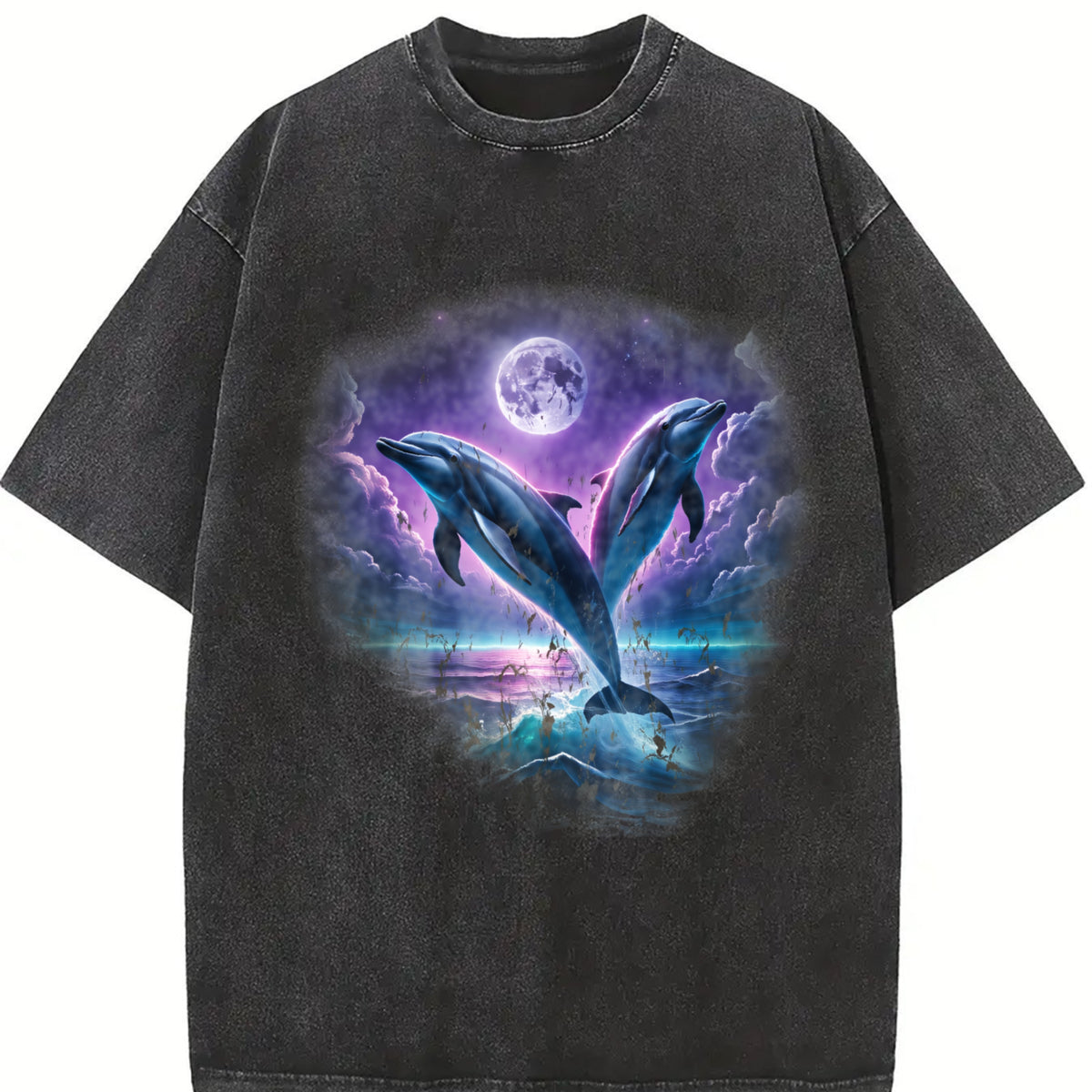 Two Dolfins Moon Ocean Mystical Dolfin Vintage Washed T-Shirt in Black