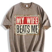 My Wife Beats Me American Flag Husband and Wife Vintage Washed T-Shirt in Brown