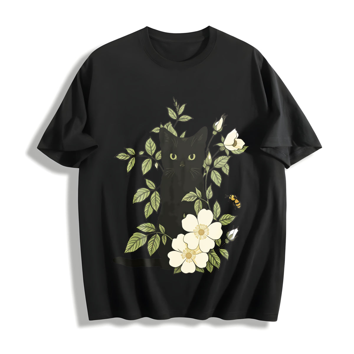 Animal Floral Cat 1pc Cotton T-Shirt in Black