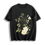 Animal Floral Cat 1pc Cotton T-Shirt in Black