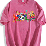 Holiday Letter Wide Brim Hat Cinco De Mayo Carnival HOLA Vintage Washed T-Shirt in Red