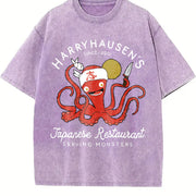With Octopus Fashionable Vintage Washed T-Shirt in Purple