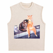 Smoking Cat Meme Vintage Washed Tank Top in Beige