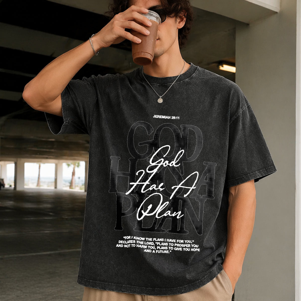 God Has a Plan Jeremiah 29:11 Vintage Washed T-Shirt in Black