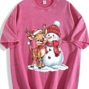 Christmas Autumn Snowman Reindeer Fashionable Elegant Vintage Washed T-Shirt in Red