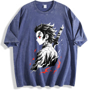 Retro Limited Tanjiro - Demon Slayer Infinity Castle Arc vintage washed oversized T-shirt in Blue