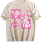 Pink Cherry and Fruit Vintage Washed T-Shirt in Beige