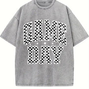 Football Checkered with Logos for Sports Parties Vintage Washed T-Shirt in Gray