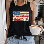Patriotic Floral American Flag Women's Color Cotton Tank Top in Black