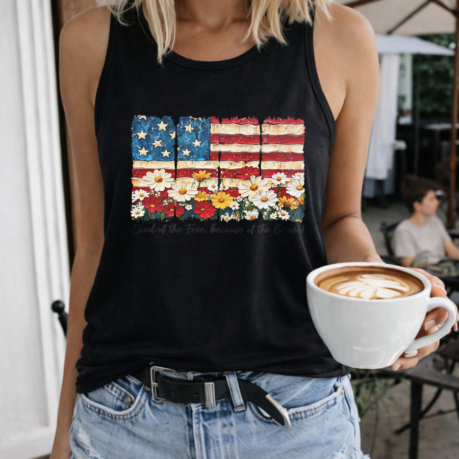 Patriotic Floral American Flag Women's Color Cotton Tank Top in Black